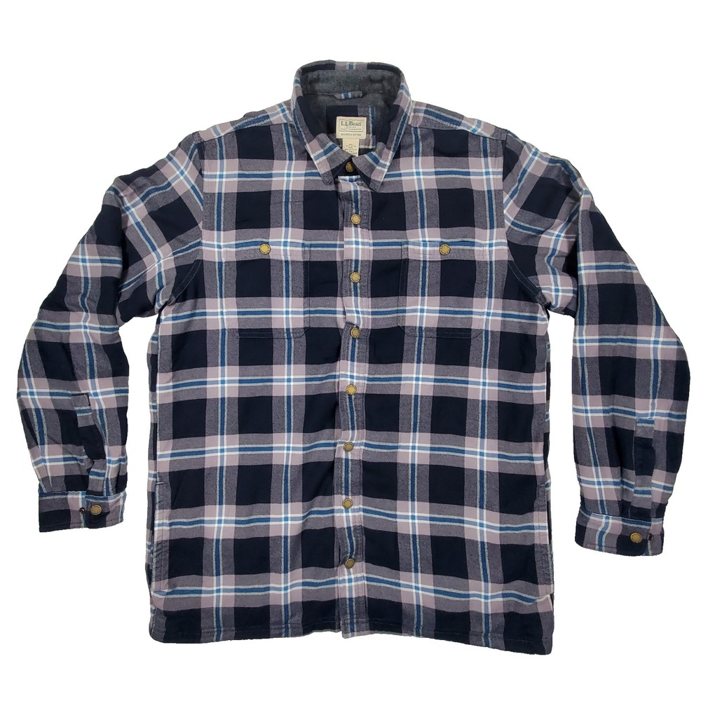 L.L.Bean Flannel‎ Shirt Mens L Tall Plaid Snap Fleece Lined Slightly Fitted